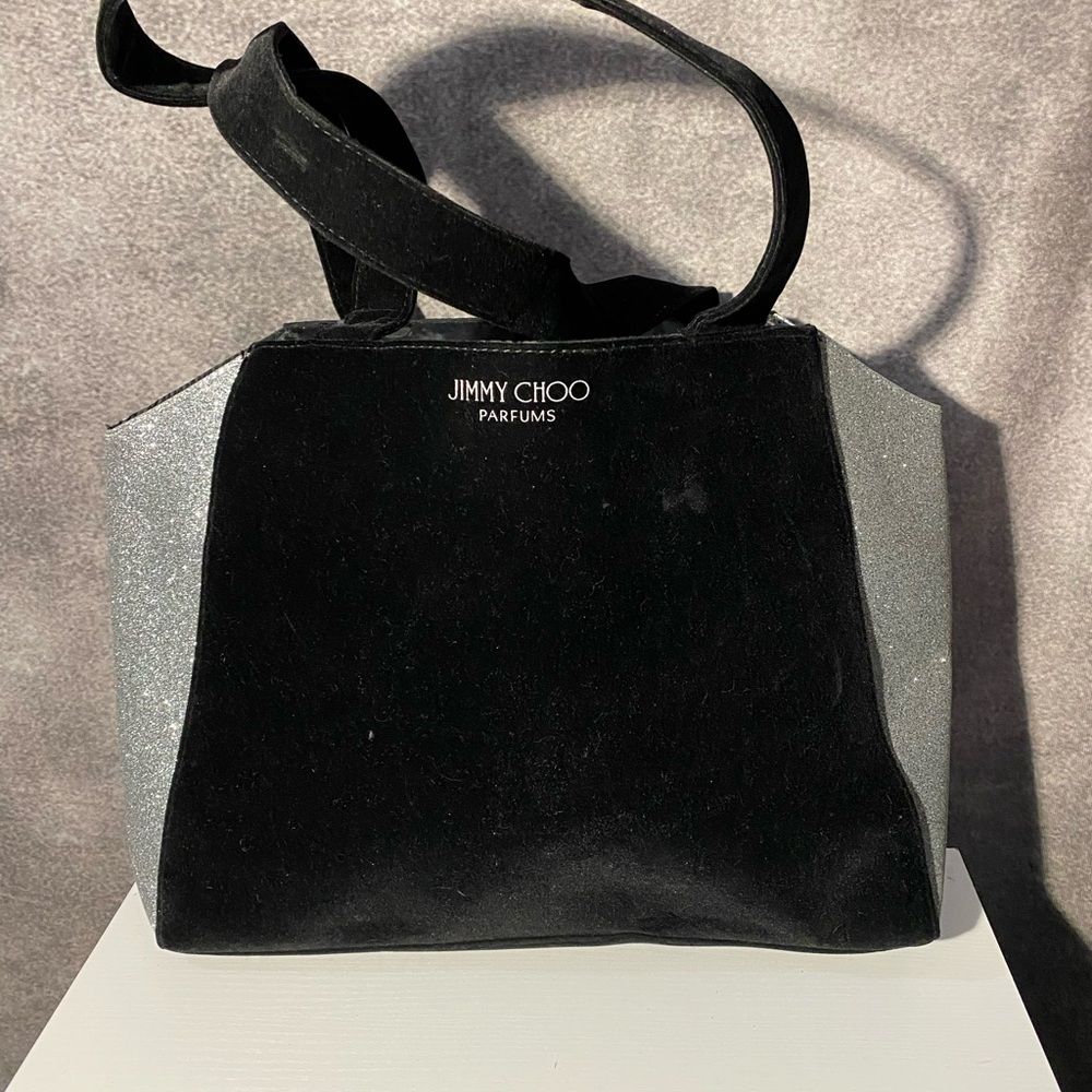 Authentic Jimmy Choo Black Velvet & Silver Glitter Tote Luxury Overnight Bag